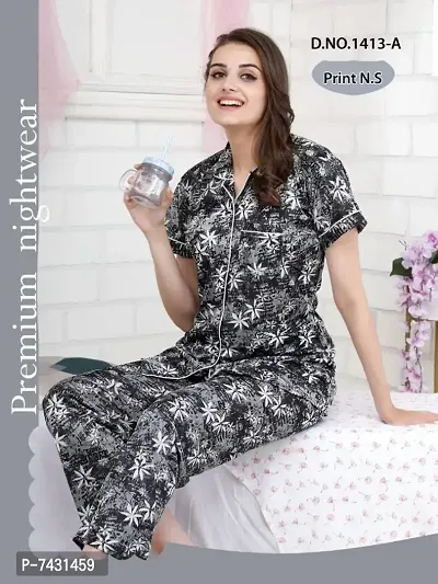 Stylish Fancy Printed Satin Night Suit Set For Women Pack Of 1