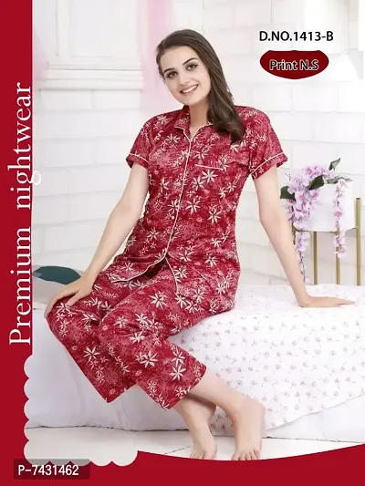 Stylish Fancy Printed Satin Night Suit Set For Women Pack Of 1