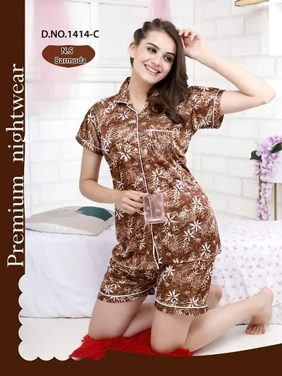 Stylish Fancy Printed Satin Night Top Short Set For Women Pack Of 1