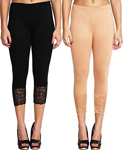Fablab Women's Viscose Solid Calf Length 3/4th Lace Capri Pack of 2 (Waist 24-32 Inches)
