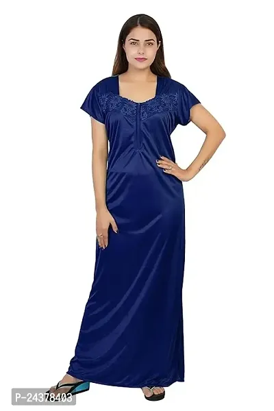 Elegant Navy Blue Satin Solid Nighty For Women-thumb0