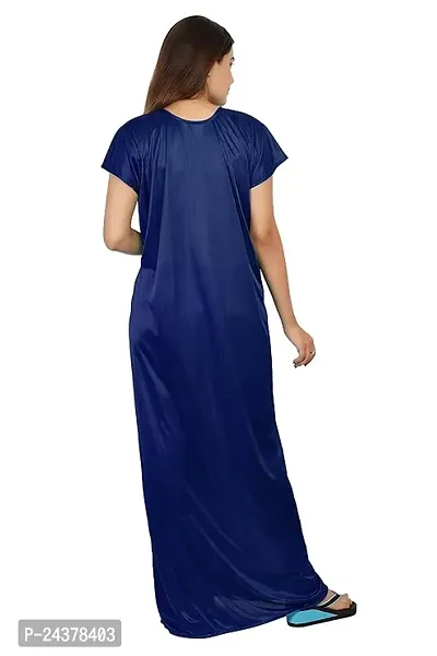 Elegant Navy Blue Satin Solid Nighty For Women-thumb4