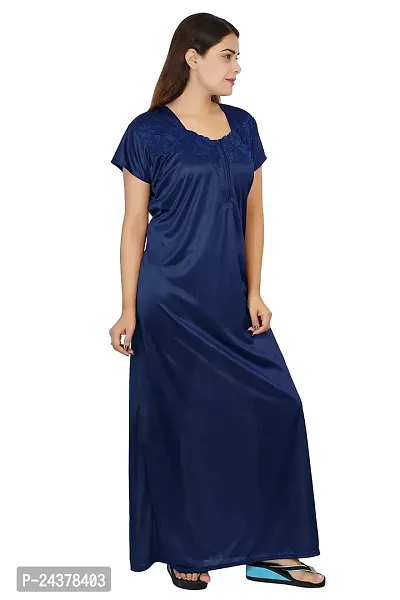 Elegant Navy Blue Satin Solid Nighty For Women-thumb2