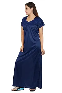 Elegant Navy Blue Satin Solid Nighty For Women-thumb4