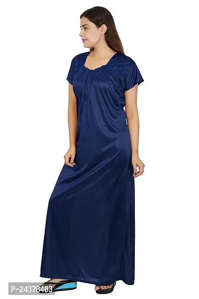 Elegant Navy Blue Satin Solid Nighty For Women-thumb5