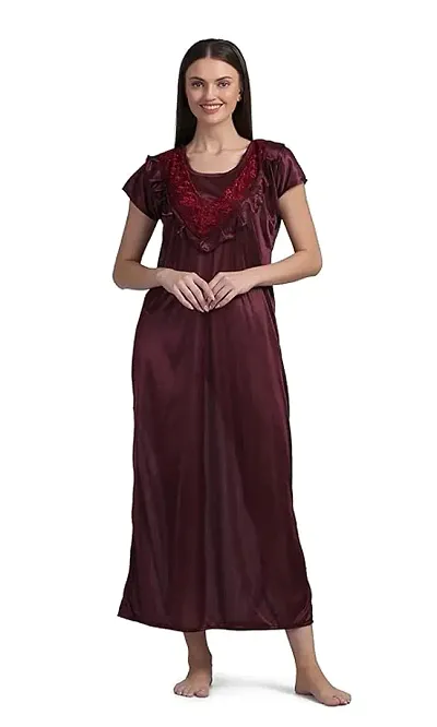 Fancy Satin Solid Nighty/Night Gown For Women