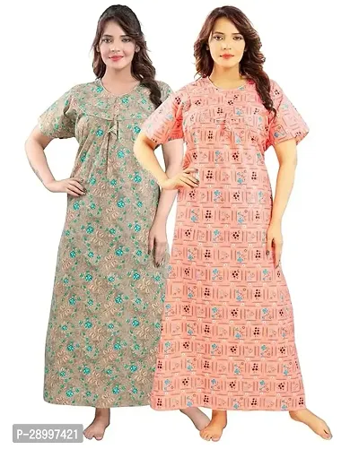 Women Cotton Maxi Nighty Groun Free size Pack of 2