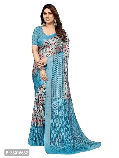 Elegant Sky Blue Chiffon Saree with Blouse piece For Women