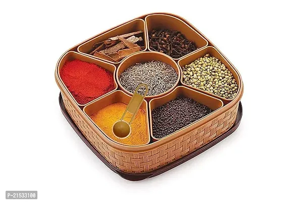 VARNITECH INFOSOFT Multipurpose 7 in 1 Plastic Masala Rangoli Dabba Box Set with Spoon, Spice Box Set Wooden Style Plastic Spice Organizer-thumb3