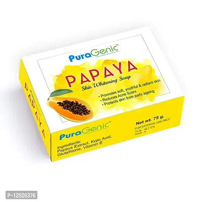 PuraGenic Papaya Skin Whitening Soap, 75gm with Papaya Extract, Kojic acid and Gluta thione, Skin lightening bathing bar for men and women, Helps in acne and get beautiful skin (Pack of 5)