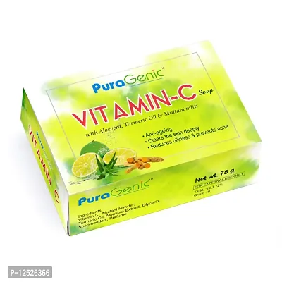 PuraGenic Vitamin C bath Soap with Aloe vera, Turmeric and Multani Mitti, 75gm - Combo Pack of 5, Help to lighten dark spot and blemishes