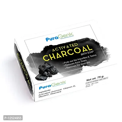 Activated Charcoal Soap bar by PuraGenic - 75gm, Combo Pack of 5, Contains Vitamin E, Glycerin and Aloevera to Remove dirt, pollution and Deeply clean the skin-thumb0