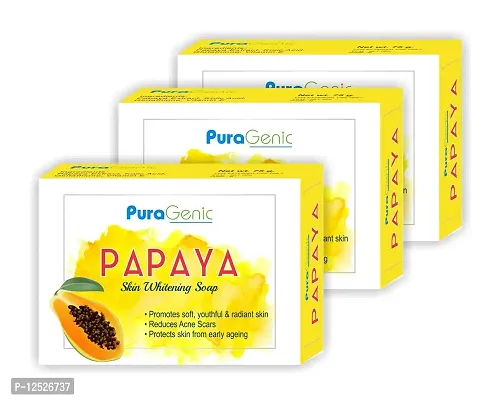 PuraGenic Papaya Skin Whitening Soap, 75gm with Papaya Extract, Kojic acid and Gluta thione, Skin lightening bathing bar for men and women, Helps in acne and get beautiful skin (Pack of 3)