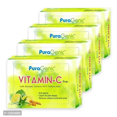 PuraGenic Vitamin C Bath Soap with Aloe vera, Turmeric and Multani Mitti, 75gm - Combo Pack of 4, Skin brightening Bar, Helps in Oily and acne prone skin