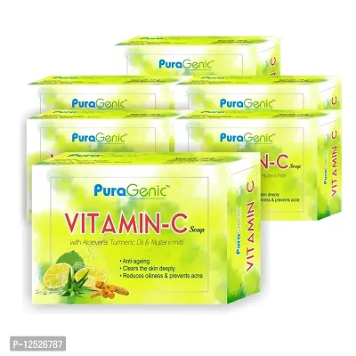 PuraGenic Vitamin C Bathing Soap with Aloe vera, Turmeric and Multani Mitti, 75gm - Combo Pack of 6, Skin lightening Soap for men and women-thumb0