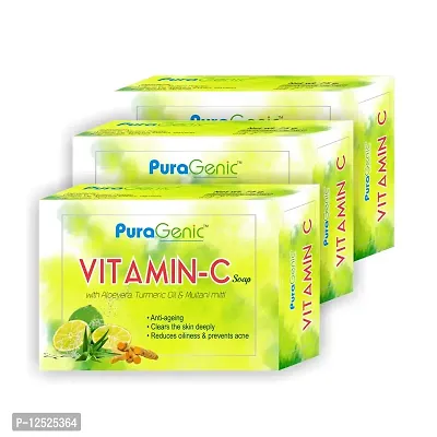 PuraGenic Vitamin C Bath & Beauty bathing bar with Aloe vera, Turmeric and Multani Mitti, 75gm - Pack of 3, Skin brightening Soap for men and women