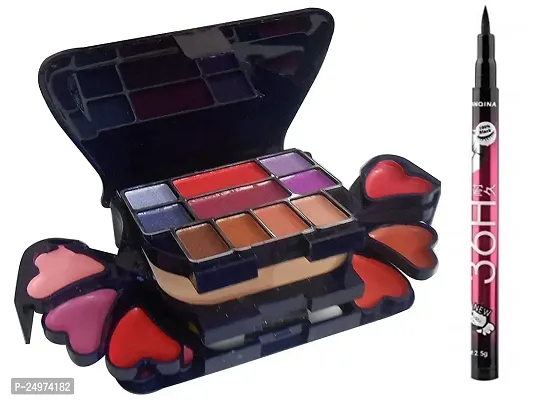 ADS Makeup Kit Color Series 8 Eyeshadow, 1 Power Cake, 8 Lip Color, 2 Blusher | with Black Eyeliner