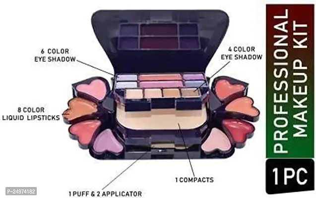 ADS Makeup Kit Color Series 8 Eyeshadow, 1 Power Cake, 8 Lip Color, 2 Blusher | with Black Eyeliner-thumb2