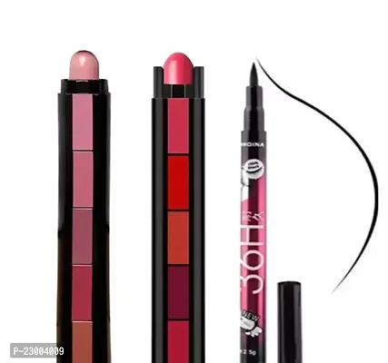 Useful Korean Combo Of 5 In 1 Matte Finish 5 Shades Lipstick Red Edition Nude Edition And Black Eyeliner Waterproof Pack Of 3-thumb0