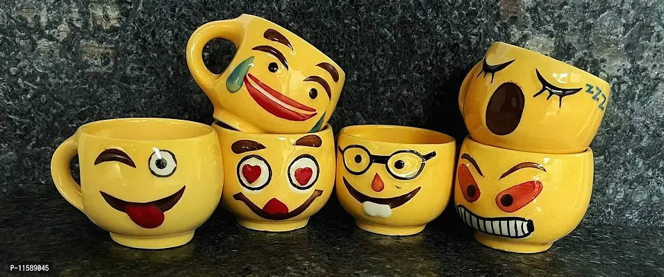 Pottery Town| Craft Ceramic Smiley Face Coffee Mugs/ Tea Cups (Set of 6 Pieces)Yellow