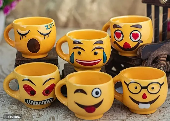 Stylish Emoji Cups | Tea Cups | Coffee Cups | Pottery Town| | Set of (6) | 150 ml | Ceramic Handcraft Tea & Coffee Glossy Cup Set | Microwave Safe Milk Cups with Handle | Elegant Design for Home, Cafe, Office for Daily Uses-thumb2