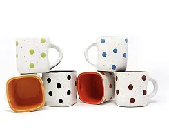 Pottery Town| Ceramic White Matte Dotted Marvel Finishing Square Tea, Milk  Coffee Cup/Mug Set (Set of 6, 160 ML)-thumb2