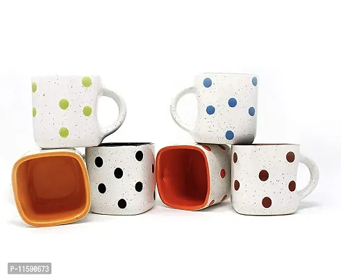 Pottery Town| Ceramic White Matte Dotted Marvel Finishing Square Tea, Milk  Coffee Cup/Mug Set (Set of 6, 160 ML)-thumb3