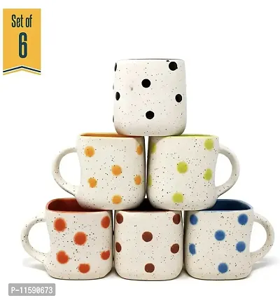 Pottery Town| Ceramic White Matte Dotted Marvel Finishing Square Tea, Milk  Coffee Cup/Mug Set (Set of 6, 160 ML)-thumb2