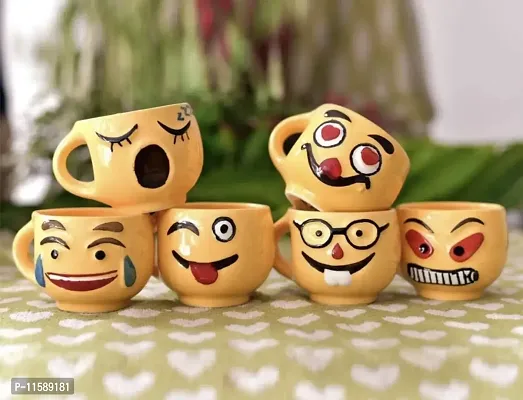 Pottery Town| Yellow Emoji Smiley Medium Ceramic Coffee Mug, 150ml, Set of 6-thumb2