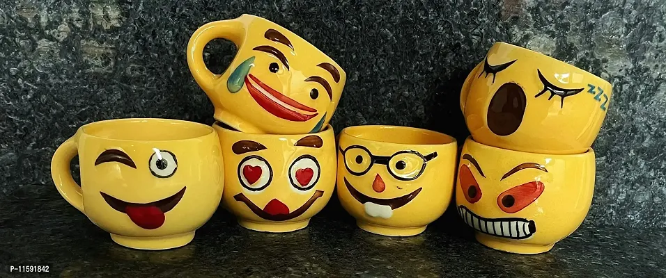 Stylish Emoji Cups | Tea Cups | Coffee Cups | Pottery Town| | Set of (6) | 150 ml | Ceramic Handcraft Tea & Coffee Glossy Cup Set | Microwave Safe Milk Cups with Handle | Elegant Design for Home, Cafe, Office for Daily Uses