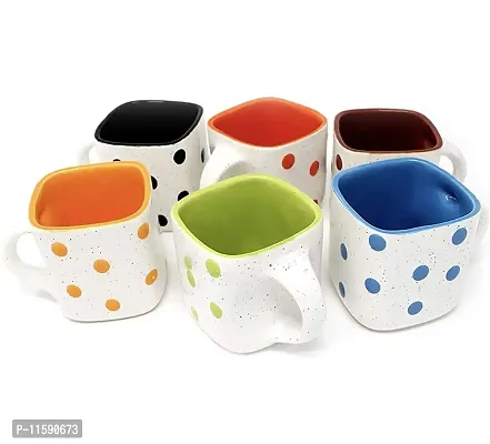 Pottery Town| Ceramic White Matte Dotted Marvel Finishing Square Tea, Milk  Coffee Cup/Mug Set (Set of 6, 160 ML)-thumb0