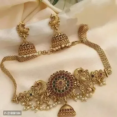 Stylish Multicoloured Copper Choker Necklace Jewellery Set For Women-thumb0