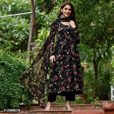 Elegant Georgette Black Full Sleeves Floral Print Gown With Dupatta Set For Women-thumb0