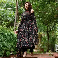 Elegant Georgette Black Full Sleeves Floral Print Gown With Dupatta Set For Women-thumb2