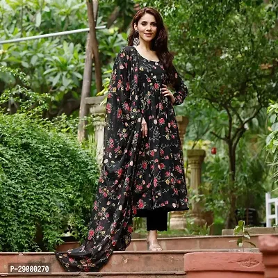 Elegant Georgette Black Full Sleeves Floral Print Gown With Dupatta Set For Women-thumb2