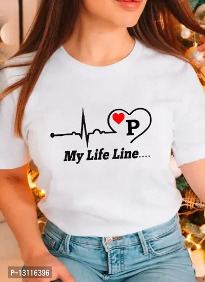 WOMEN WHITE PRINTED ROUND NECK TSHIRT-MY LIFELINE ALPHABET LETTERS A-Z