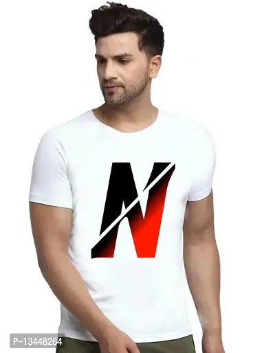 BQF MENS WHITE PRINTED ROUND NECK TSHIRT-SELF DESIGN A-Z LETTER