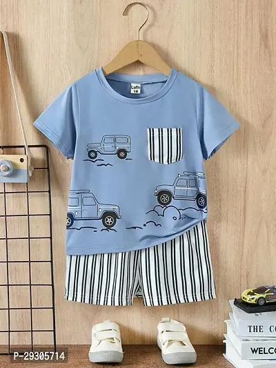 Stylish Blue Cotton T-Shirts With Shorts Clothing Set For Boys-thumb0