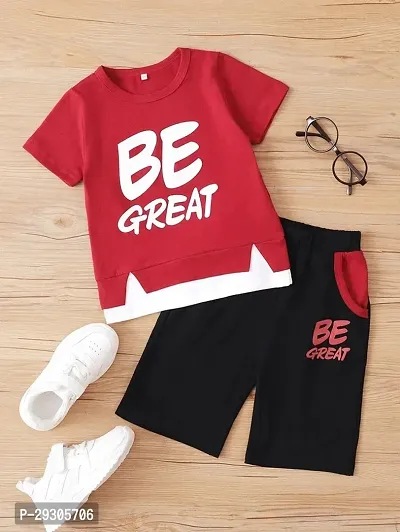 Stylish Red Cotton T-Shirts With Shorts Clothing Set For Boys-thumb0