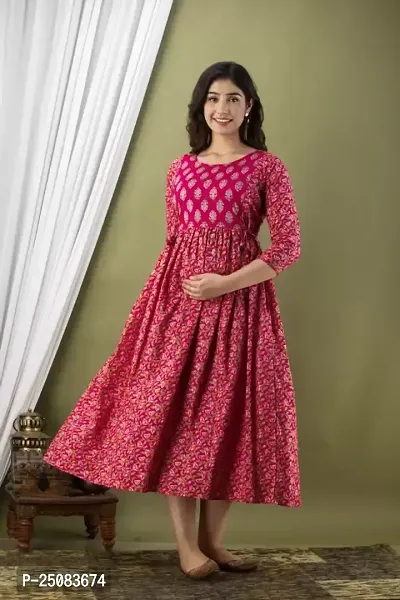 Stylish Pink Cotton Stitched Ethnic Gown For Women-thumb0