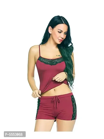 Women Fancy Solid Self Design Maroon Night Suit Set