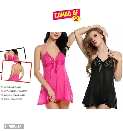 Women Fancy Lace Baby Doll Dresses Nightwear Black and Pink Color