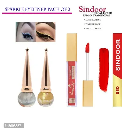 Define Your Eyes Improve Your Impression 12 Hrs Stay Long Lasting Waterproof Sparkle Eyeliner Silver and Gold & Kum Kum Herbal Liquid Red Sindoor-thumb0