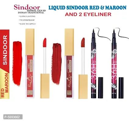 Kum Kum Herbal Liquid Red and Maroon Sindoor & Waterproof Long Lasting Black Sketch Eyeliner Pack of 2