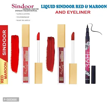 Kum Kum Herbal Liquid Red and Maroon Sindoor & Waterproof Long Lasting Black Sketch Eyeliner-thumb0