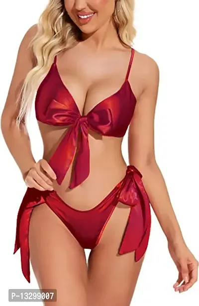 Women Hot  Sexy Lingerie Set Soft Satin fabric Lace Nightwear Bow Tie Bra and Panty Sets Free Size Maroon Color-thumb0