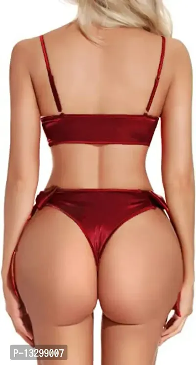 Women Hot  Sexy Lingerie Set Soft Satin fabric Lace Nightwear Bow Tie Bra and Panty Sets Free Size Maroon Color-thumb3