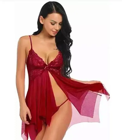 Nutty Bunny Shop4Dreams Women's Spaghetti Babydoll Lingerie with Panty Nighty/Sleepwear Set for Honeymoon/Special Nights (Maroon)