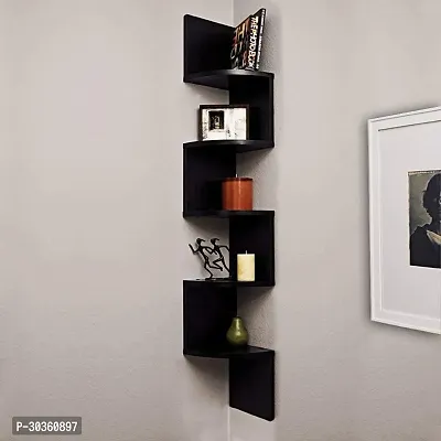 Wooden Fancy Zigzag Wall Mount Floating Corner Wall Hanging Shelf Wall Rack (Color -Black)-thumb0