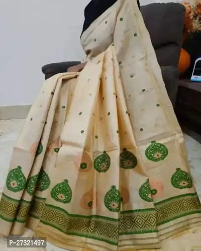 Beautiful Cream Cotton Silk Saree with Blouse piece For Women-thumb0